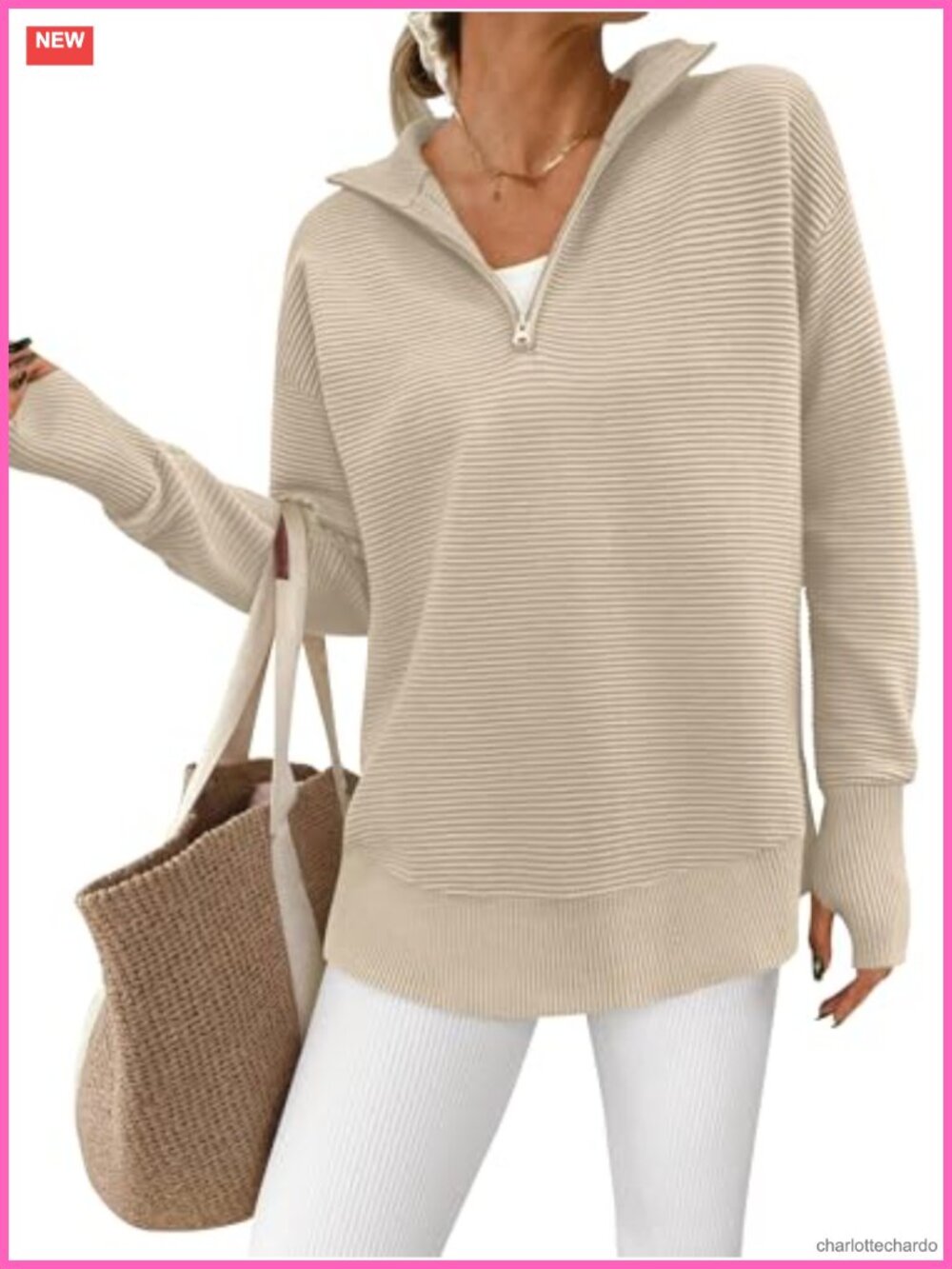 Womens Long Sleeve Quarter Zip Pullover Sweater with Thumb Holes